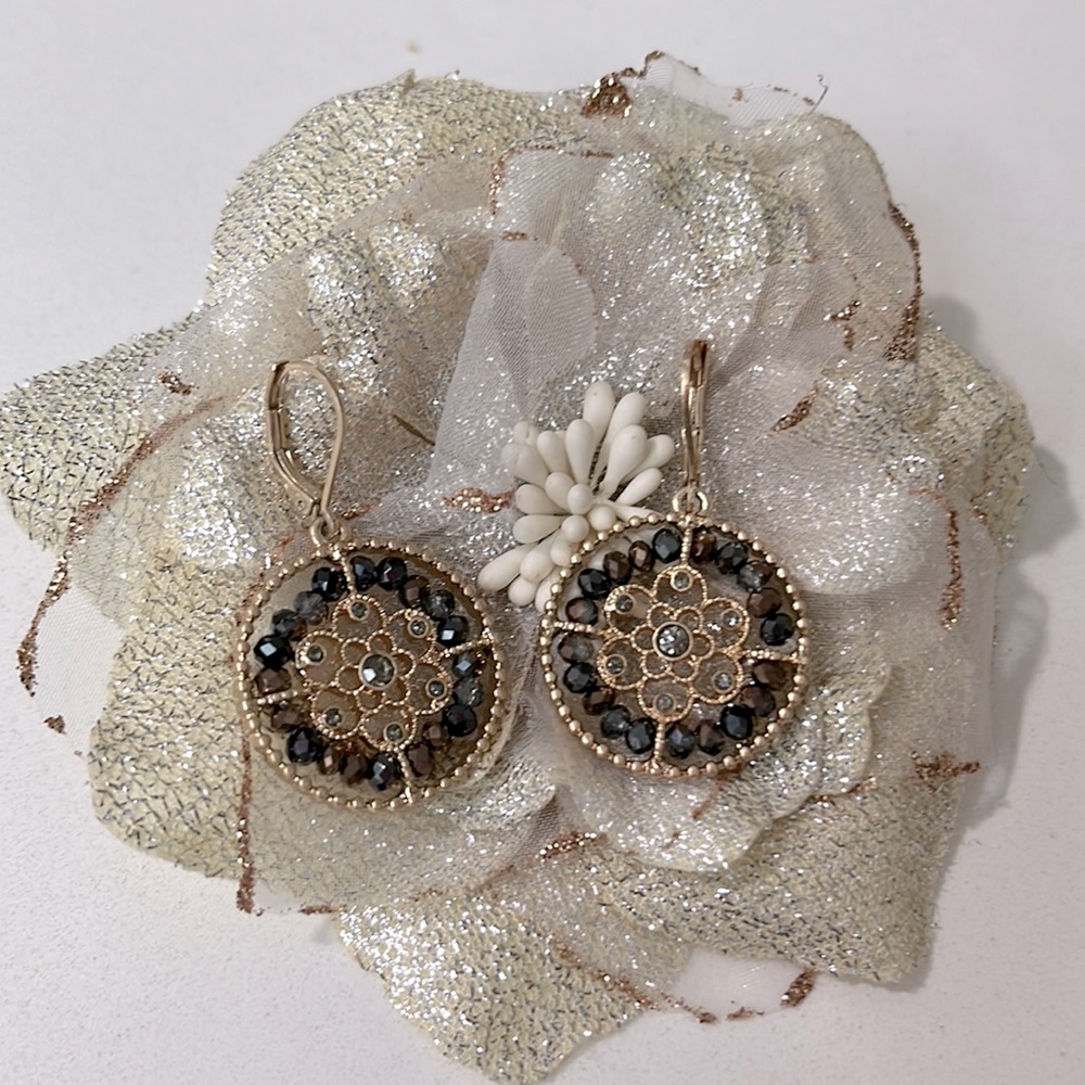 Lonna & Lilly Gold and Blue Crystal Beads with Floral Design Earrings